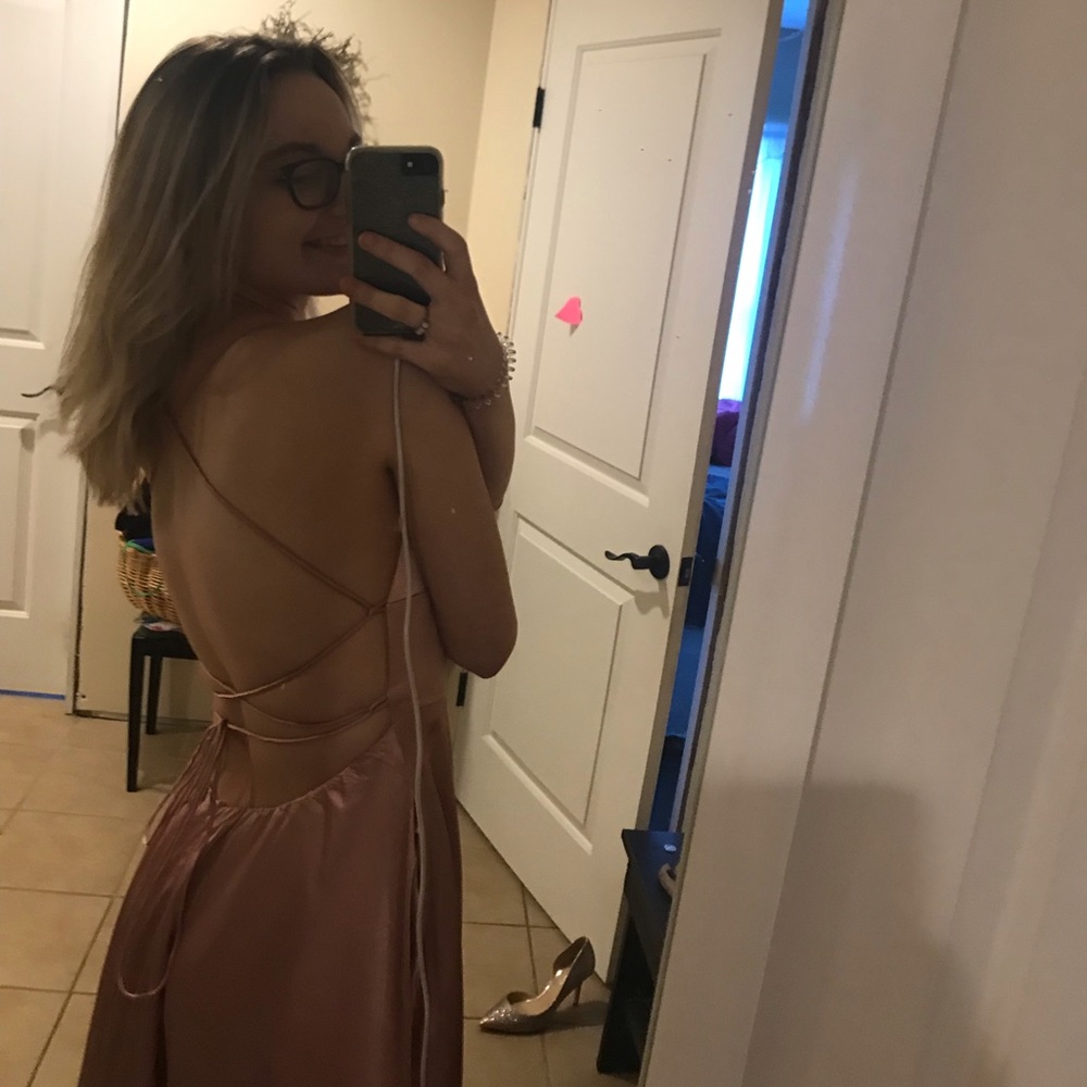 Criss crossed back rosy pink prom gown